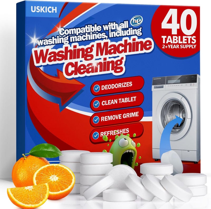 USKICH Washing Machine Cleaner Descaler 40 Pack-Deep Cleaning Tablets For HE Front Loader & Top Load Washer,Washer Machine Cleaning Tablets Clean Inside Drum and Laundry Tub Seal,Septic Safe - Image 1